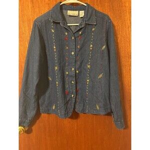 Casey and Max Denim Button Up Shirt Womens Size M, Embroidered Flowers